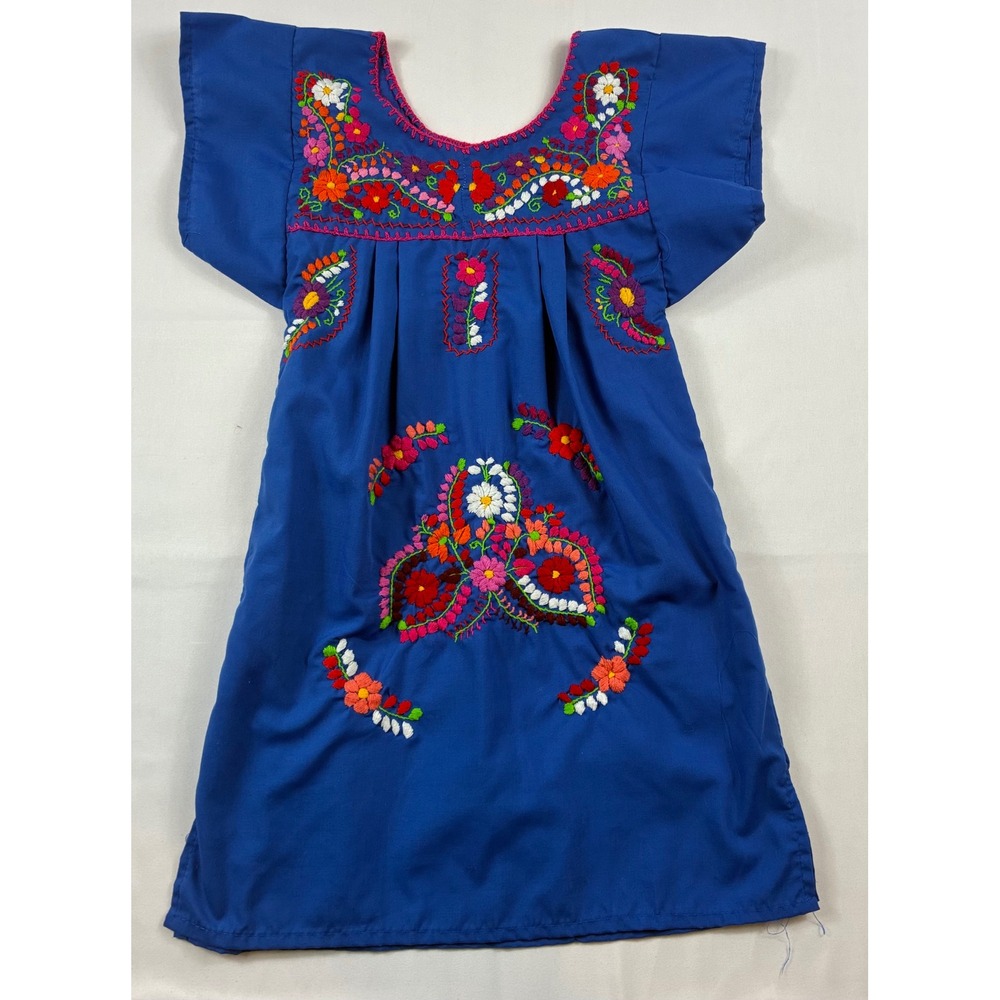 Mexican Embroidered Floral Dress Girls Blue Boho Peasant Folk Handmade Good